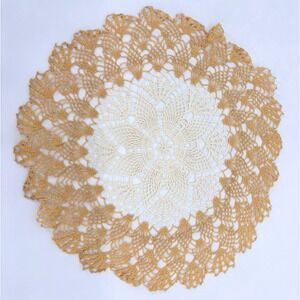 Vintage Handmade Crochet Doily 17" Ivory Mustard Gold Floral Lace